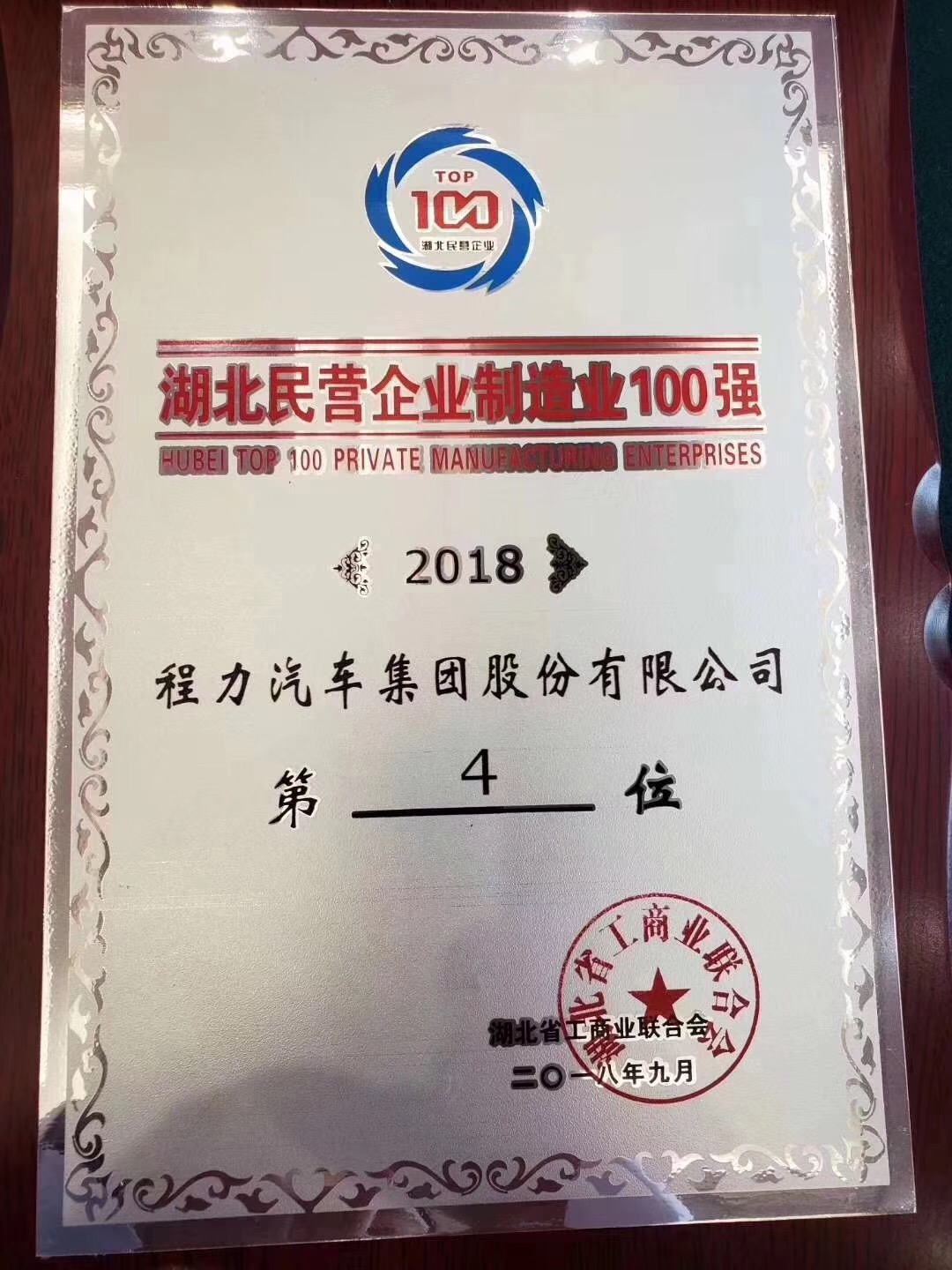 程力汽车集团获得2018年排名湖北民企制造业百强第4位